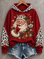 Women's Christmas Santa Claus Leopard Print Casual Hoodie gracestitchs
