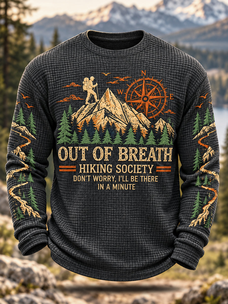 Men's Funny Out Of Breath Hiking Society Print Hike Lovers Casual Waffle Long Sleeve T-Shirt gracestitchs