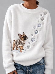 Women's Winter Snowy French Bulldog Pattern Casual Flannel Sweatshirt gracestitchs
