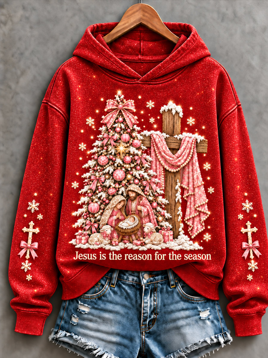 Women's Christian Christmas Joy To The World Art Printed Hoodie gracestitchs