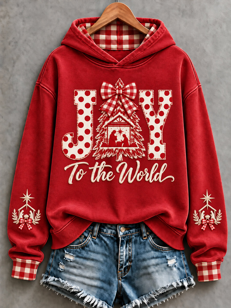 Women's Christian Christmas Joy To The World Art Printed Hoodie gracestitchs