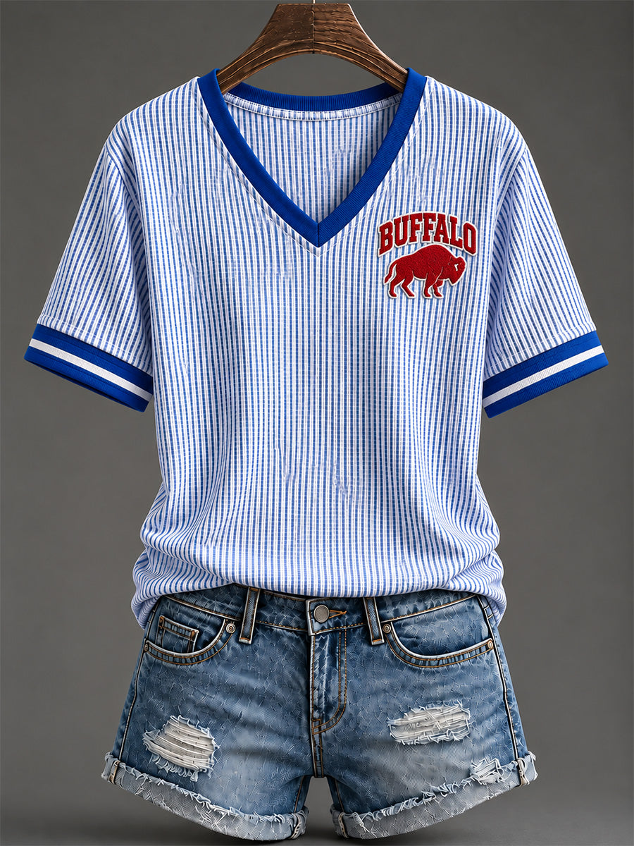 Women's Football Lover Buffalo Print Casual V-Neck Tee gracestitchs