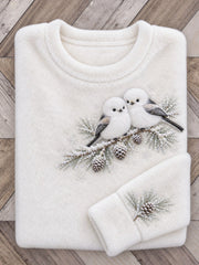 Women's Snowy Winter Long-tailed Tit On Branch Print Flannel Sweatshirt gracestitchs