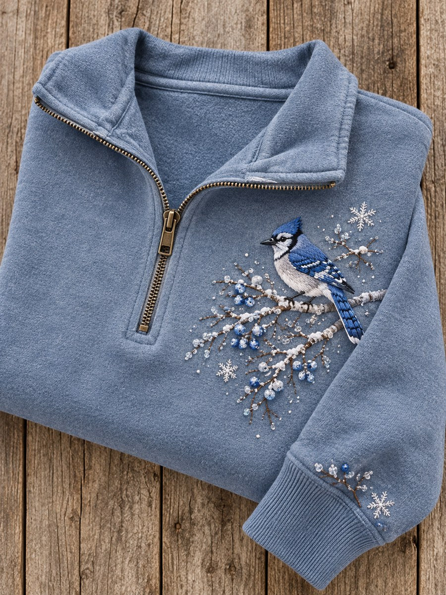 Women's Snowy Winter Blue Jay On Branch Print Zip Up Sweatshirt gracestitchs
