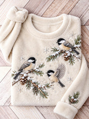 Women's Snowy Winter Black-capped Chickadee On Branch Print Flannel Sweatshirt gracestitchs