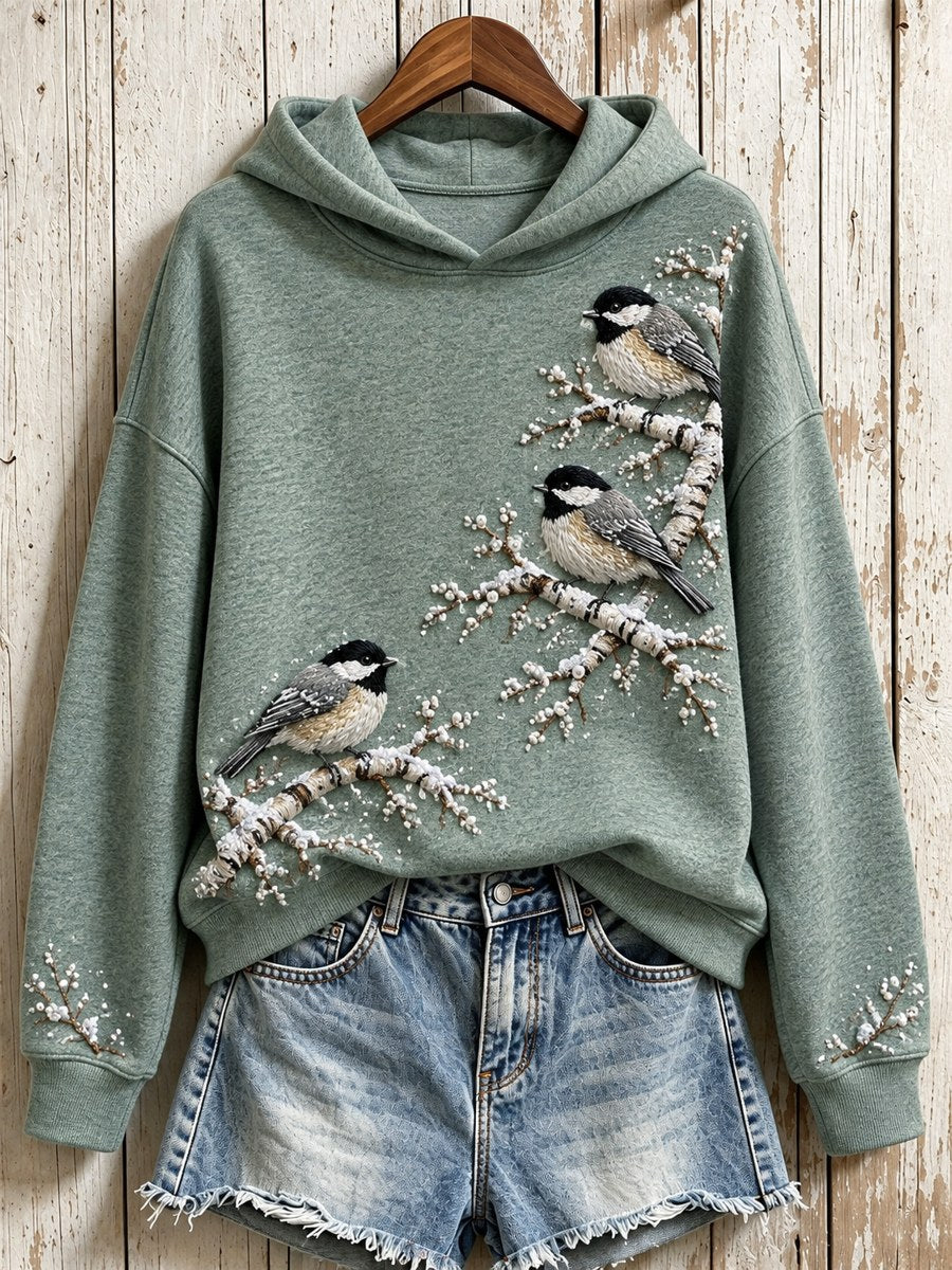 Women's Snowy Winter Black-capped Chickadee On Branch Print Hoodie gracestitchs