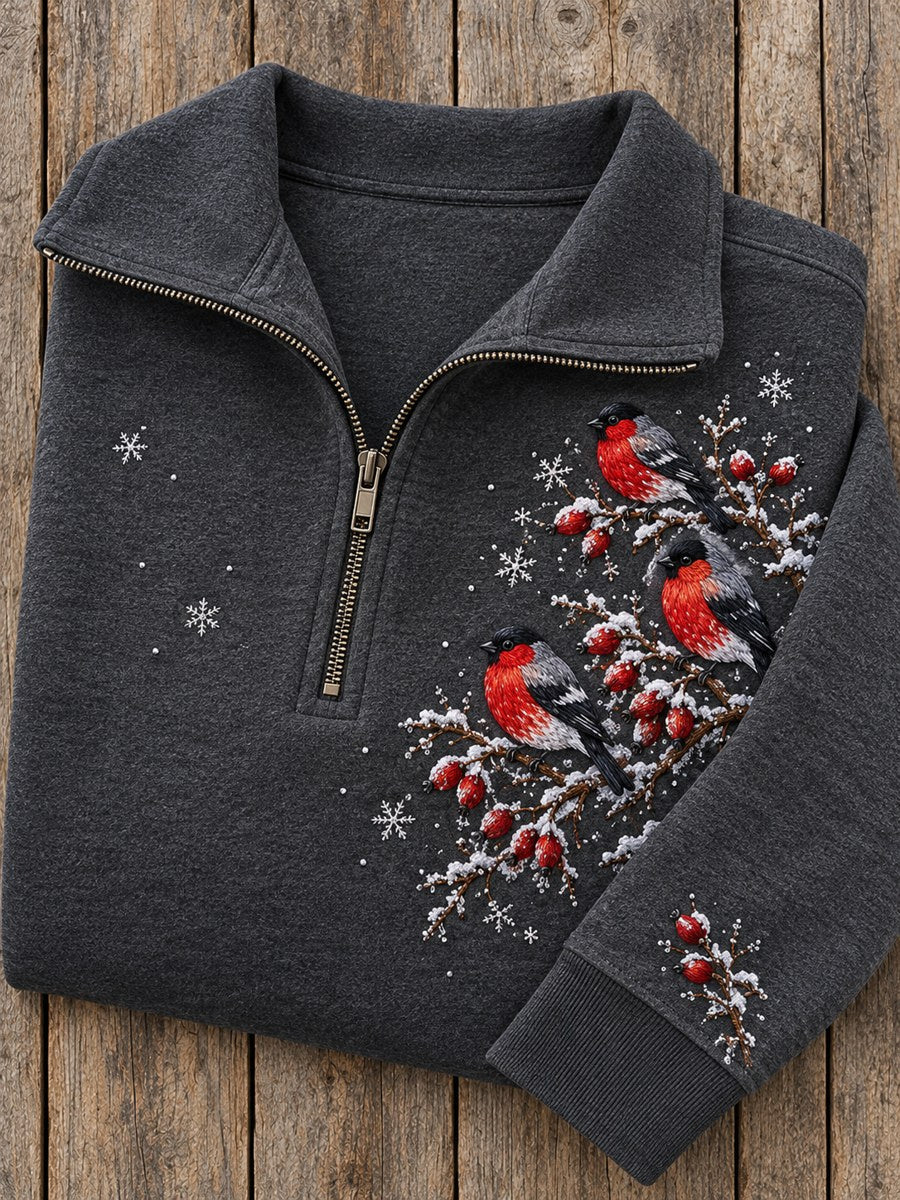 Women's Snowy Winter Eurasian Bullfinch On Branch Print Zip Up Sweatshirt gracestitchs