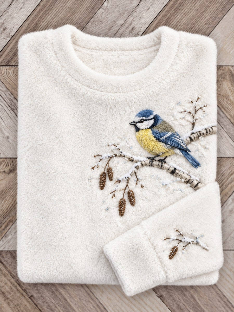 Women's Snowy Winter Blue Tit On Branch Print Flannel Sweatshirt gracestitchs