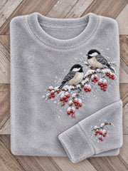 Women's Snowy Winter Black-capped Chickadee On Branch Print Flannel Sweatshirt gracestitchs