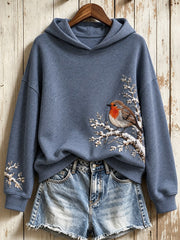 Women's Snowy Winter European Robin On Branch Print Hoodie gracestitchs