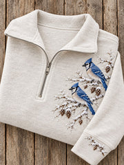 Women's Snowy Winter Blue Jay On Branch Print Zip Up Sweatshirt gracestitchs