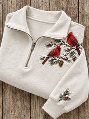 Women's Snowy Winter Red Cardinals On Branch Print Zip Up Sweatshirt gracestitchs