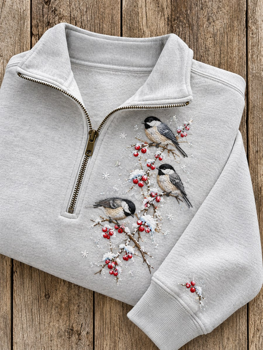 Women's Snowy Winter Black-capped Chickadee On Branch Print Zip Up Sweatshirt gracestitchs