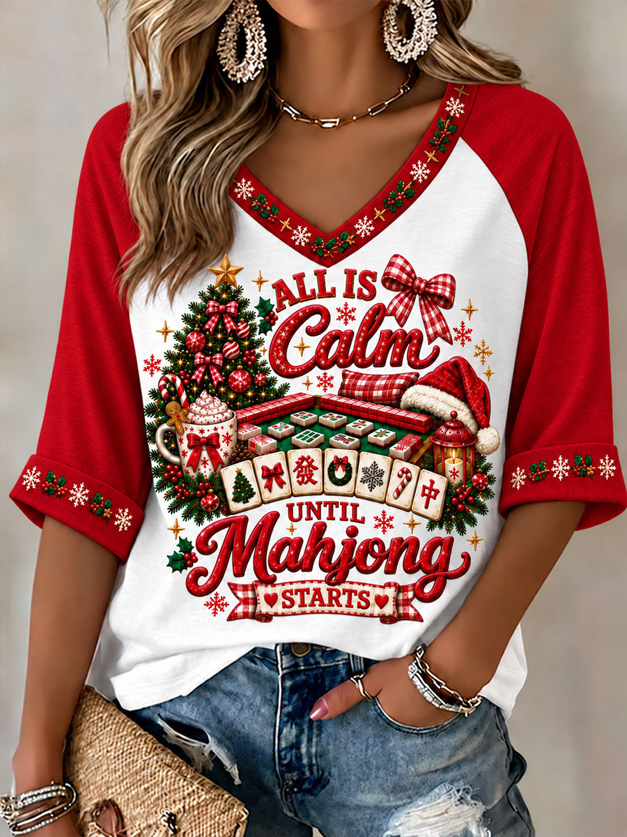Women's Christmas Mahjong Print Casual T-Shirt gracestitchs