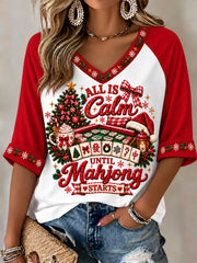 Women's Christmas Mahjong Print Casual T-Shirt gracestitchs