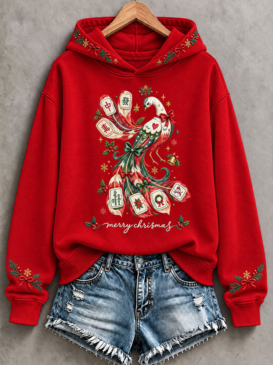 Women's Christmas Mahjong Print Casual Hoodie gracestitchs