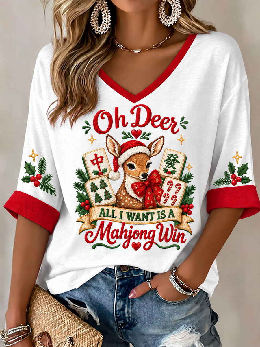 Women's Christmas Mahjong Print Casual T-Shirt gracestitchs