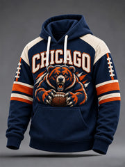 Men's Chicago Football Lover Bear Art Print Oversized Drop-Shoulder Hoodie with Pockets gracestitchs