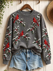Women's Snowy Winter Red Cardinal Birds on Branches Print Sweatshirt gracestitchs