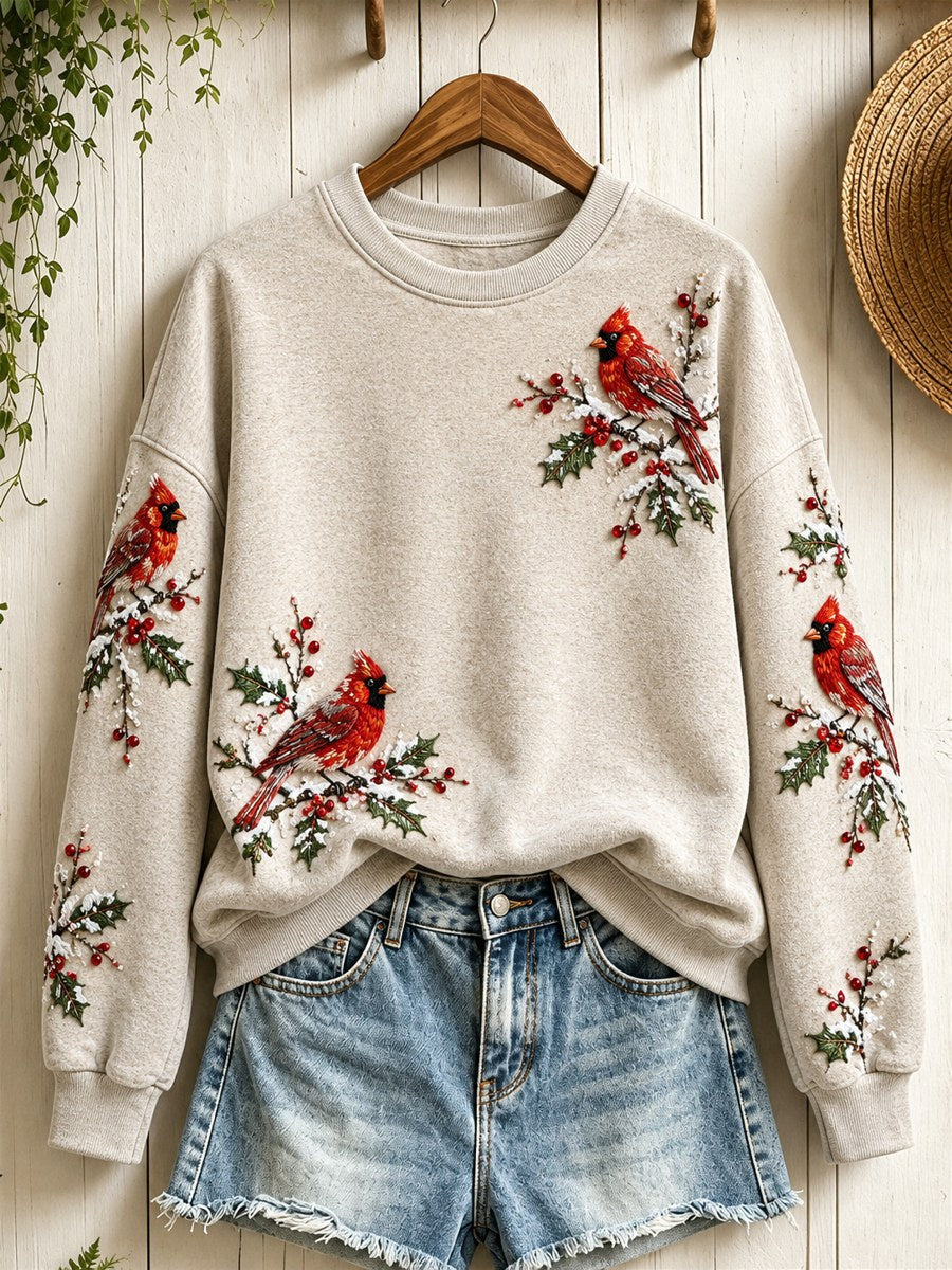 Women's Snowy Winter Red Cardinal Birds on Branches Print Sweatshirt gracestitchs