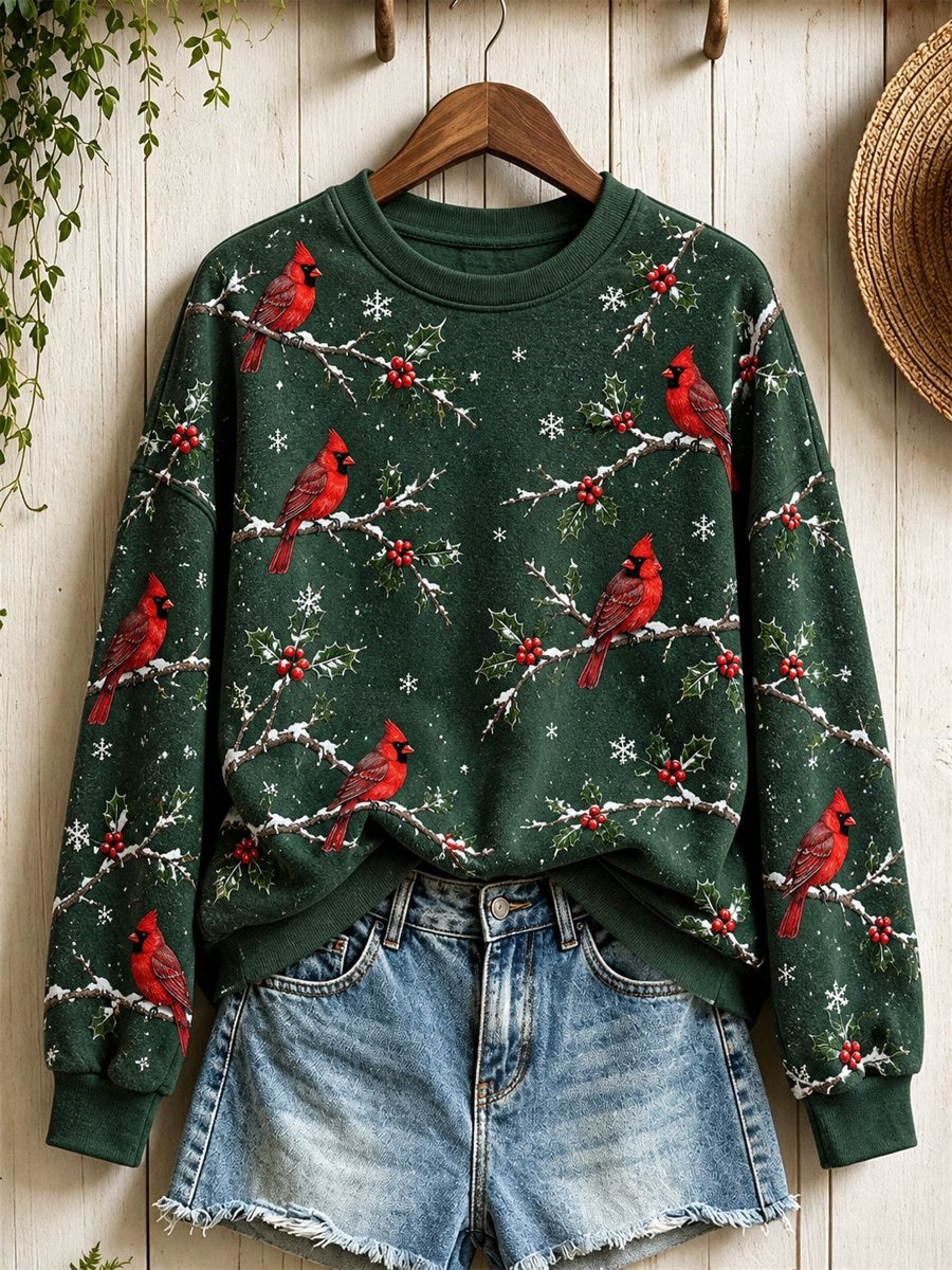 Women's Snowy Winter Red Cardinal Birds on Branches Print Sweatshirt gracestitchs