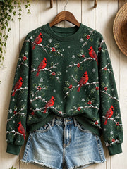 Women's Snowy Winter Red Cardinal Birds on Branches Print Sweatshirt gracestitchs