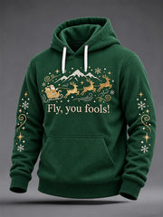 Men's Christmas Fly You Fools Print Oversized Drop-Shoulder Hoodie with Pockets gracestitchs