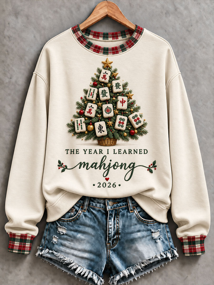 Women's 'The Year I Learned Mahjong' Christmas Tree Mahjong Print Casual Sweatshirt gracestitchs