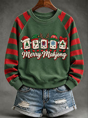 Women's Christmas Mahjong Print Casual Sweatshirt gracestitchs