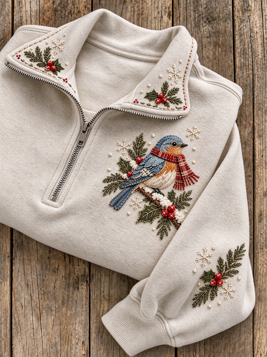 Women's Snowy Winter Stitchy Bluebird On Branch Print Zip Up Sweatshirt gracestitchs