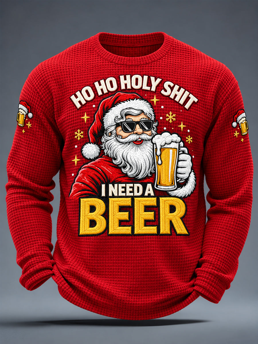 Men's Funny Christmas Santa Claus Ho Ho Holy Shit I Need A Beer Print Casual Waffle Long Sleeve T-Shirt gracestitchs