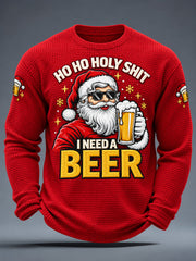 Men's Funny Christmas Santa Claus Ho Ho Holy Shit I Need A Beer Print Casual Waffle Long Sleeve T-Shirt gracestitchs