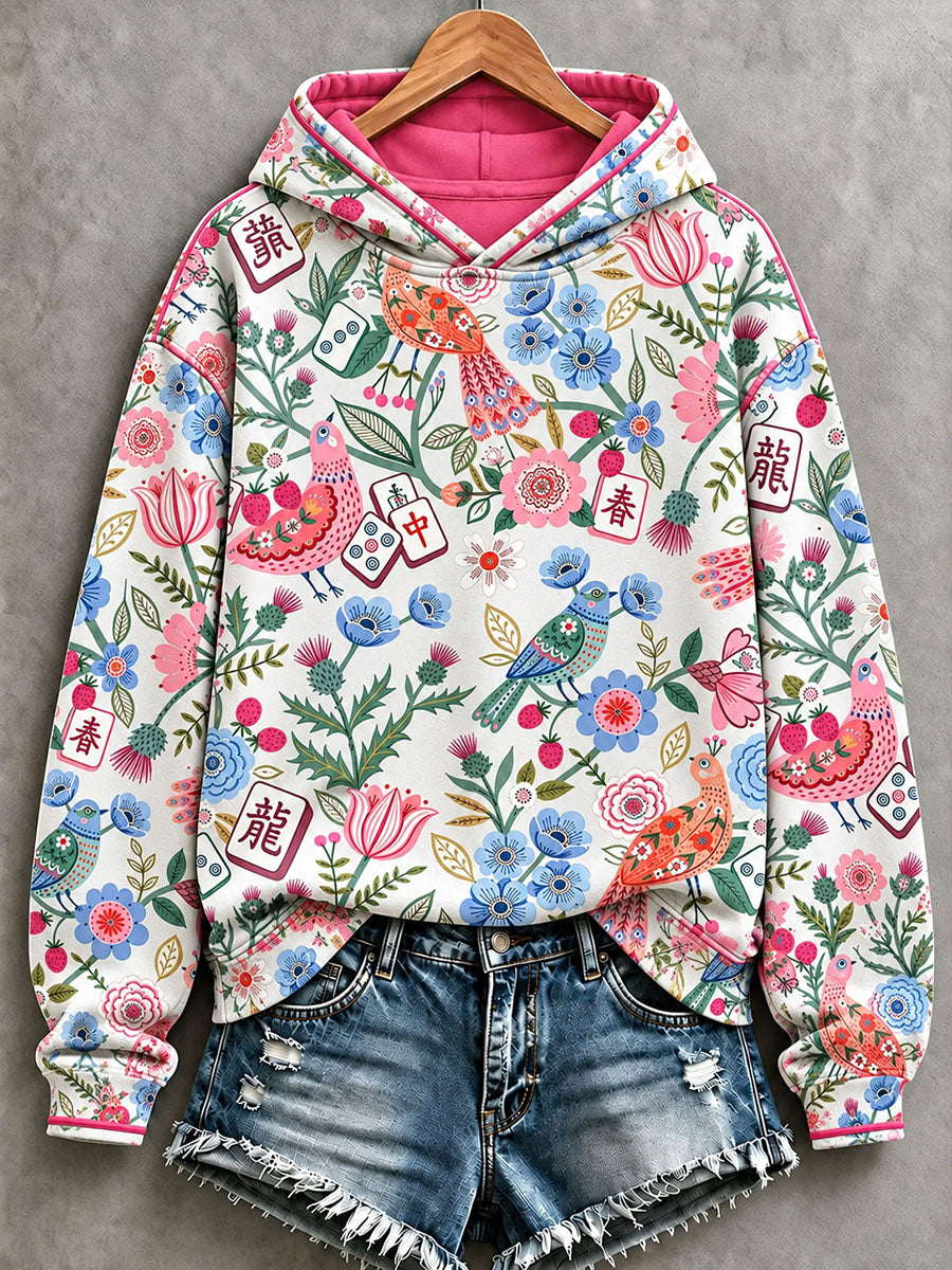 Women's Mahjong and Floral/Bird-Motif Hoodies gracestitchs