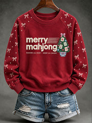 Women's 'Majong All Night,Merry All Season' Christmas Mahjong Print Casual Sweatshirt gracestitchs