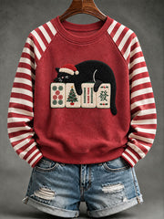 Women's Christmas Mahjong Cat Print Casual Sweatshirt gracestitchs