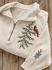 Women's Snowy Winter Christmas Tree & Red Cardinal Print Zip Up Sweatshirt gracestitchs