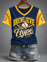 Women's Never Stop Brewlieving Gift For Baseball Fans Casual V-Neck Tee gracestitchs