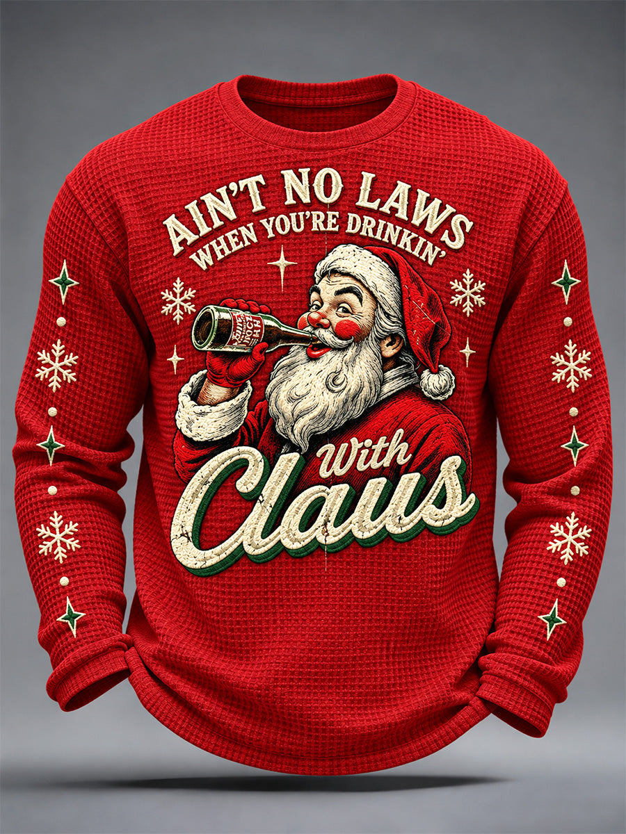 Men's Christmas Santa Claus Drink Beer Print Casual Waffle Long Sleeve T-Shirt gracestitchs