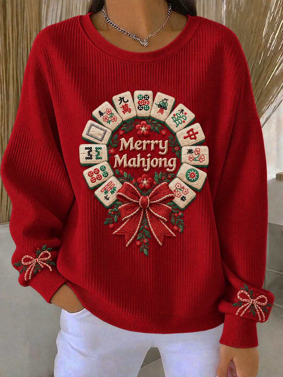 Women's Christmas Mahjong Print Casual Sweatshirt gracestitchs