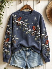 Women's Snowy Winter Red Crossbill Birds on Branches Print Sweatshirt gracestitchs