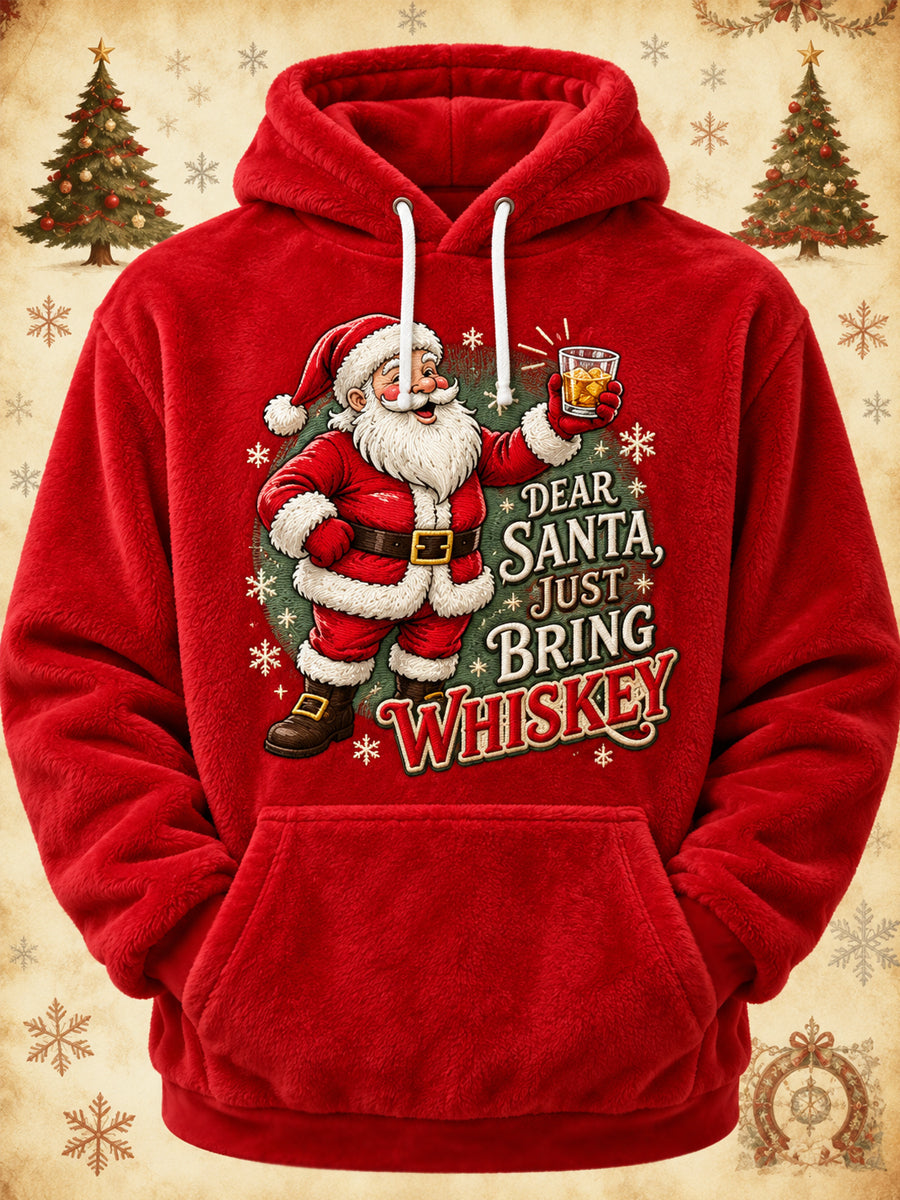Men's Funny Christmas Dear Santa Just Bring Whiskey Santa Claus Print Casual Flannel Hoodie gracestitchs