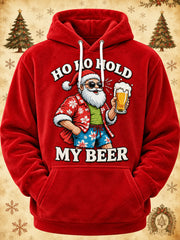 Men's Funny Christmas Ho Ho Hold My Beer Santa Claus Print Casual Flannel Hoodie gracestitchs