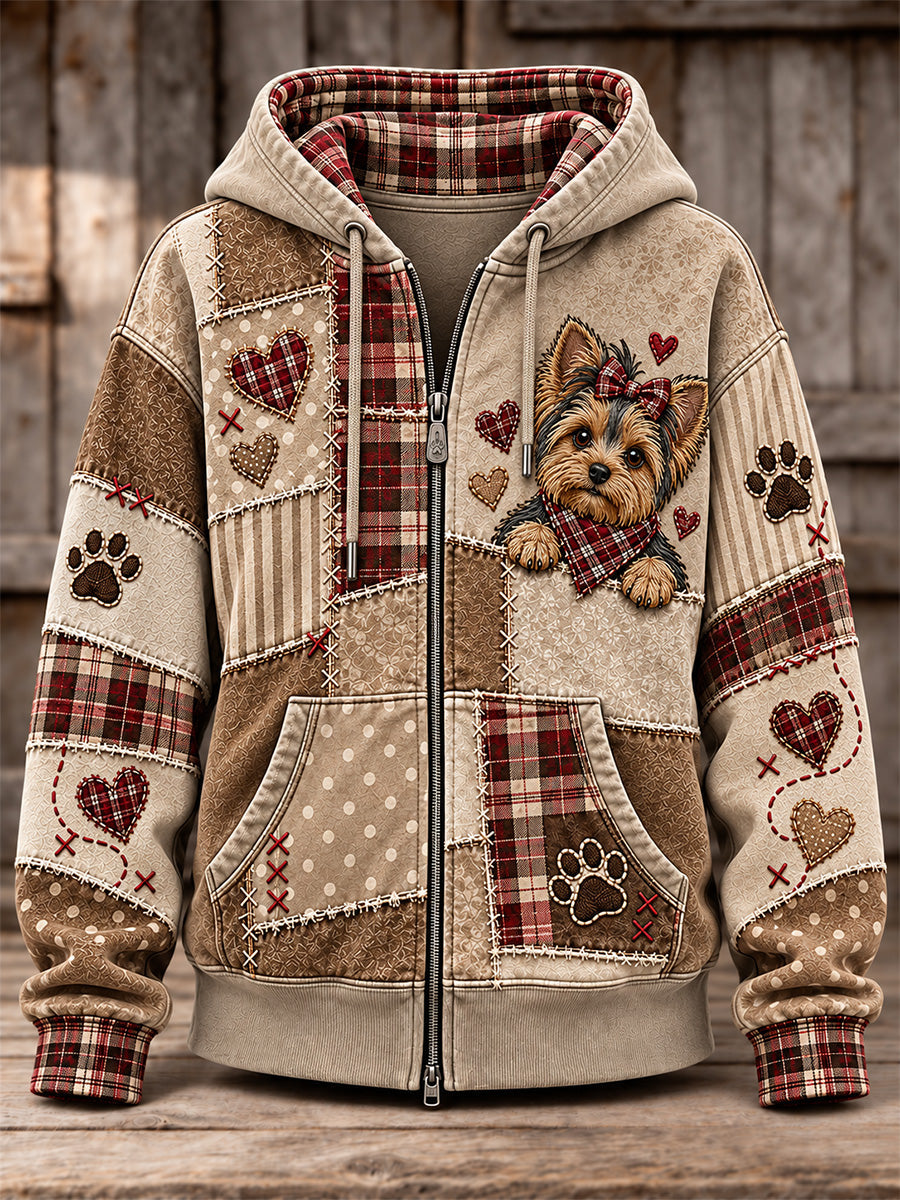 Women's Cute Patchwork Dog Print Zip-Up Hoodie gracestitchs