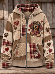 Women's Cute Patchwork Dog Print Zip-Up Hoodie gracestitchs