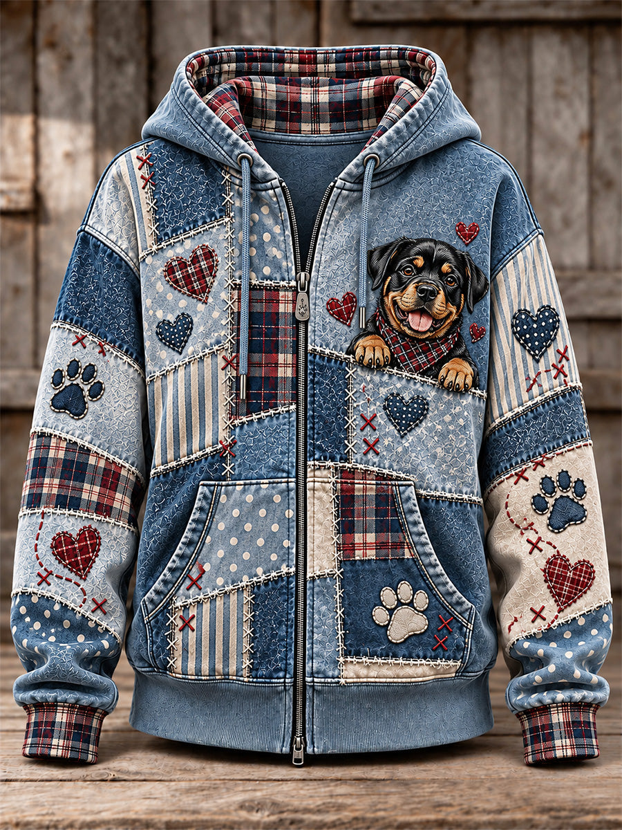 Women's Cute Patchwork Dog Print Zip-Up Hoodie gracestitchs