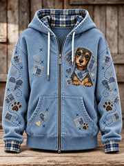 Women's Cute Patchwork Dog Print Zip-Up Hoodie gracestitchs