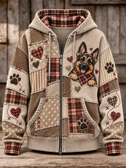 Women's Cute Patchwork Dog Print Zip-Up Hoodie gracestitchs