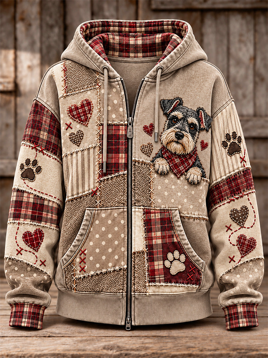 Women's Cute Patchwork Dog Print Zip-Up Hoodie gracestitchs