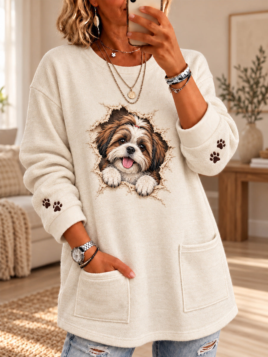 Women's Cute Dog Print Casual Long Sleeve Sweater gracestitchs