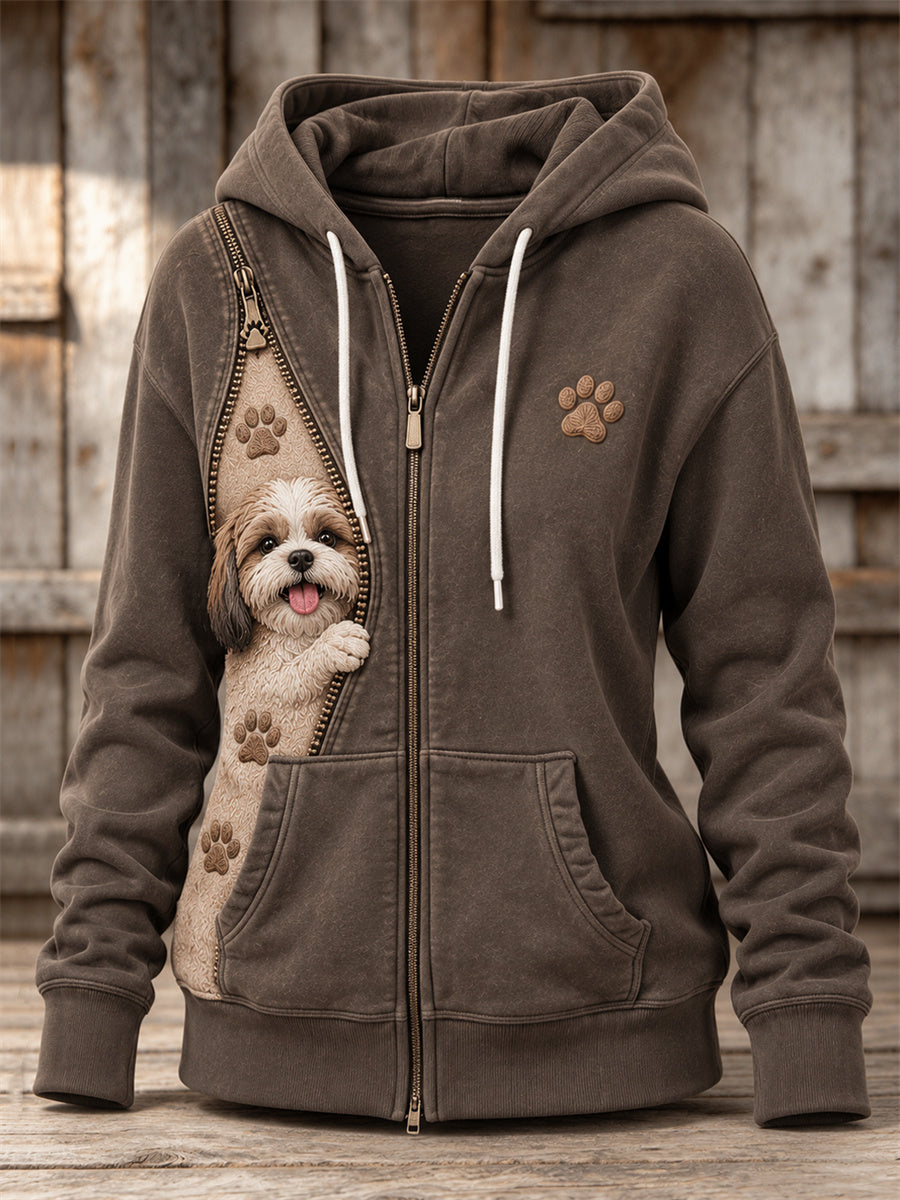 Women's Peeking Shih Tzu Dog & Paw Prints Zipper Contrast Print Full Zip Hoodie gracestitchs